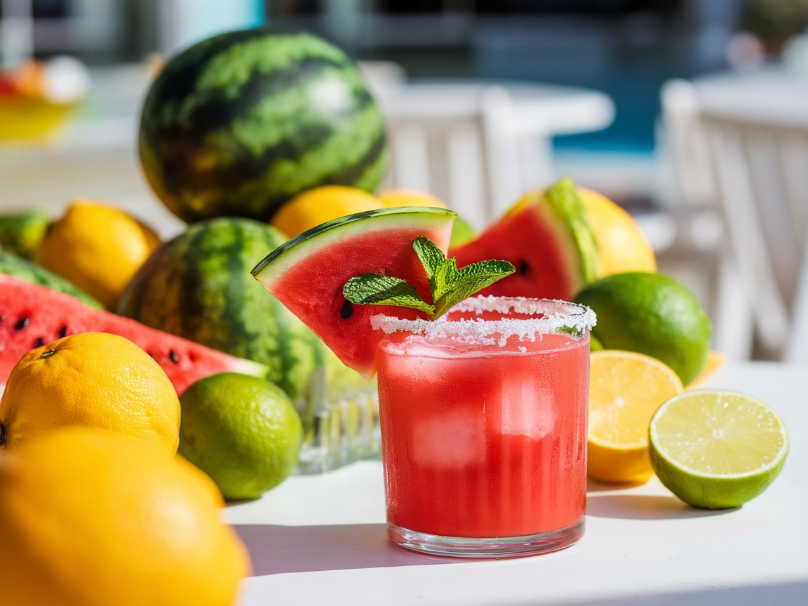 Refreshing Coconut Watermelon Margaritas A refreshing Coconut Watermelon Margarita in a glass with watermelon slice and mint garnish, served over ice.